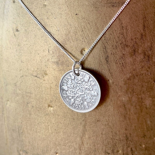 1933 silver sixpence necklace, sterling silver chain, a perfect 91st birthday gift