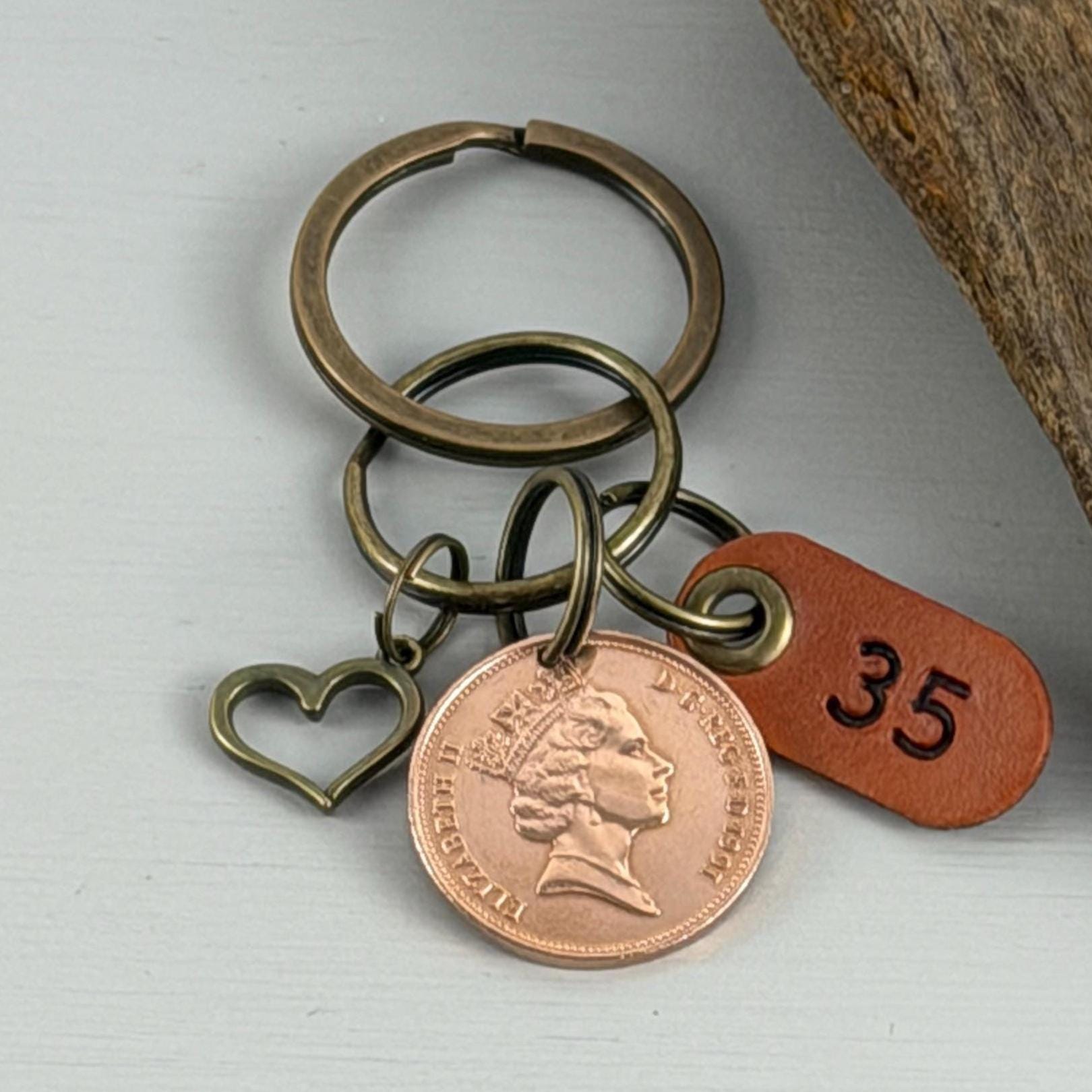 35th Anniversary Keychain: 1991 British Two Pence Coin, Leather 35 Tag ...