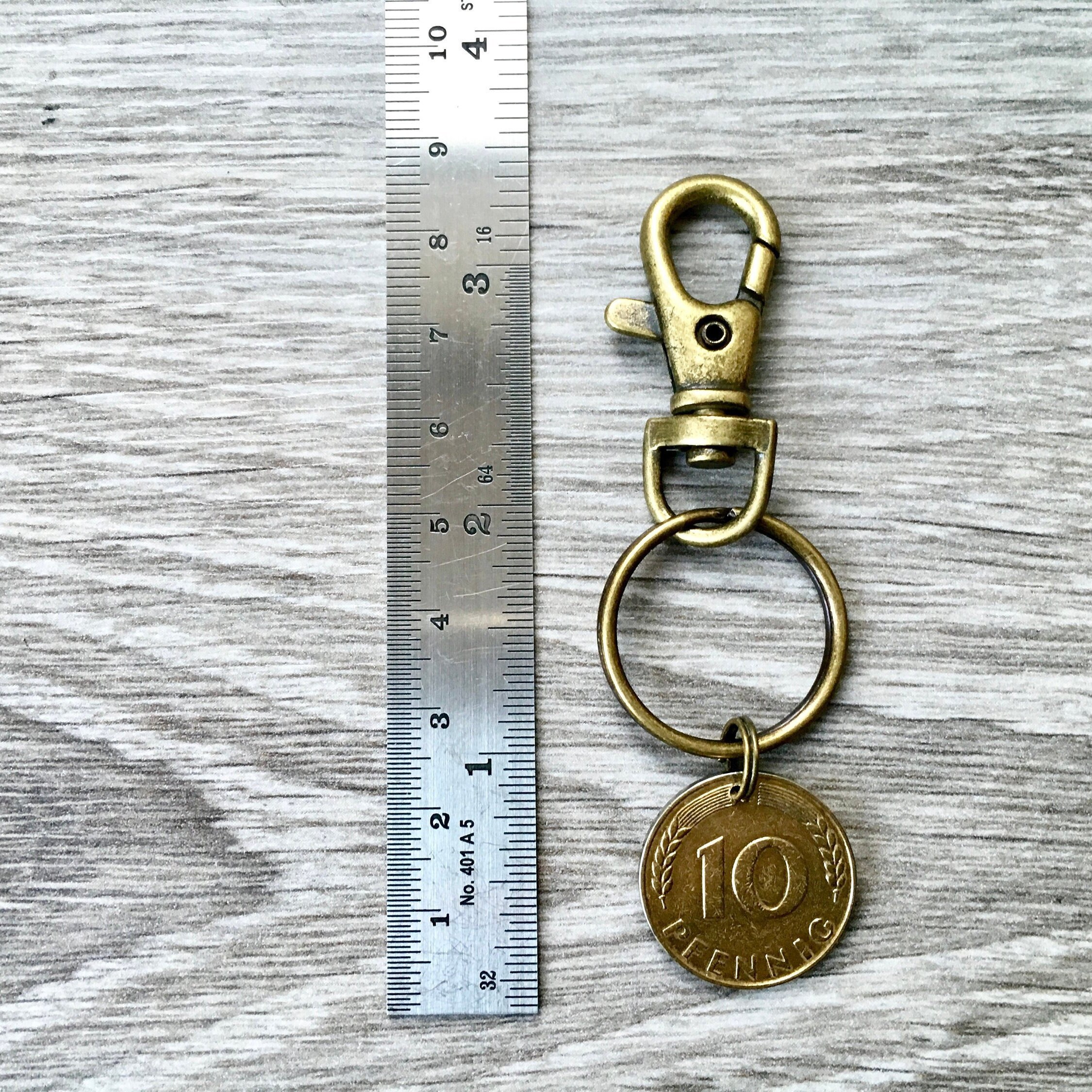 1949 or 1950 German coin keyring or clip, 10 pfennig keychain, germany 70th Birthday gift for a