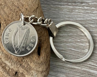 1952 Irish sixpence keychain, Ireland Wolfhound coin keyring, a perfect 72nd birthday keepsake gift