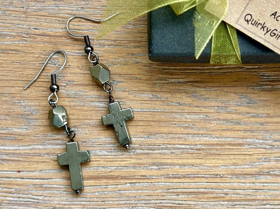 A pair of Iron pyrite cross earrings with stainless steel ear wires,