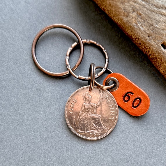 60th birthday gift 1964 British big penny key chain or clip style Key ring, UK anniversary present