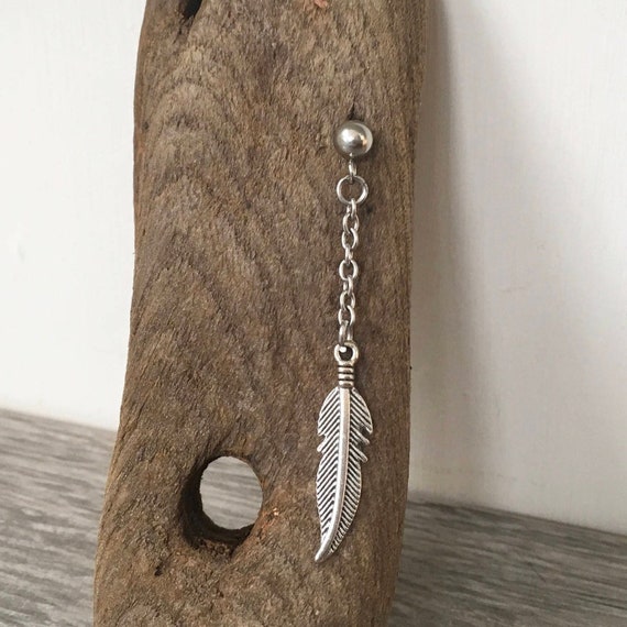 Long feather earring, ball stud dangle earring available as  a single feather earring or a pair of feather earrings