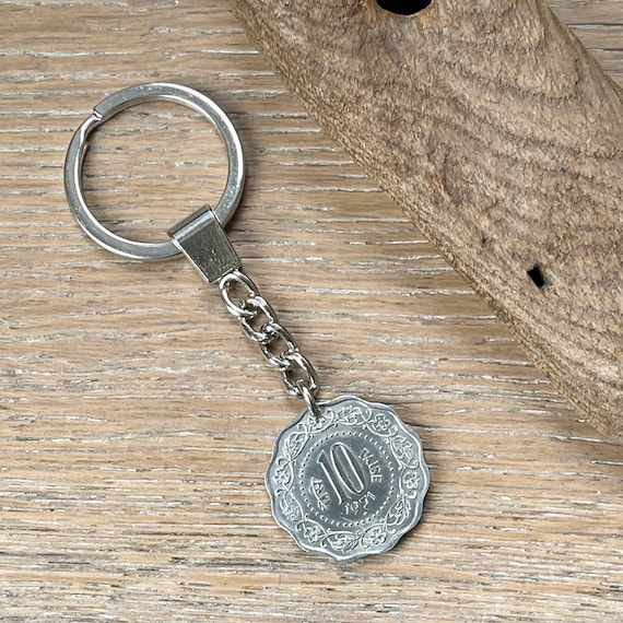1971 10 paise coin from India key chain / Key ring 53rd birthday or anniversary gift, this would also make a great gift for a traveler