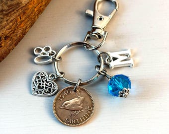 Personalised 1946 Wren Farthing 80th Birthday bag Charm - Initial & Birthstone
