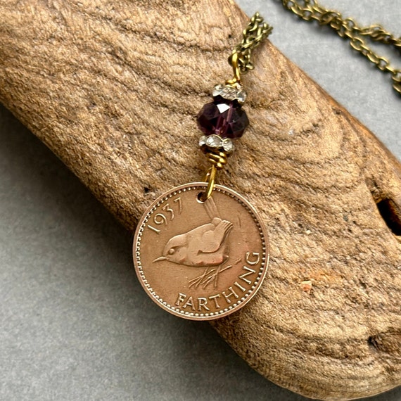 Wren farthing necklace, coin pendant with a purple cut glass bead, choose coin year