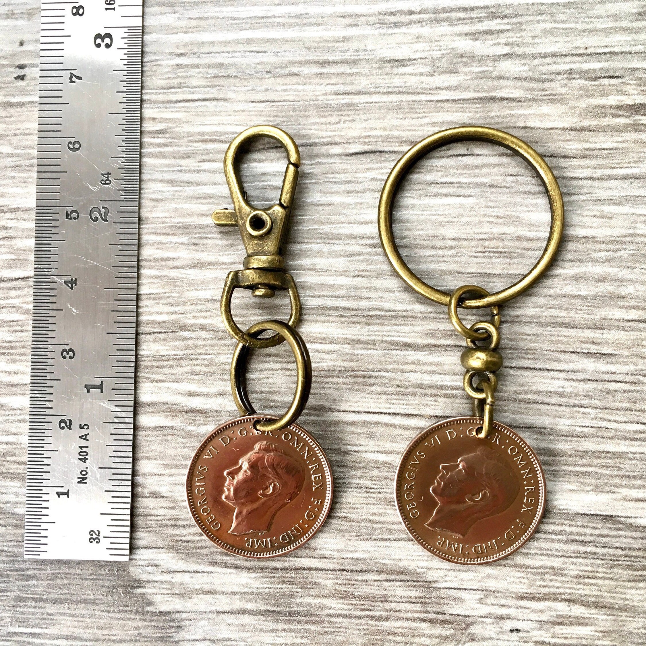 Farthing keyring, Keychain or clip, choose between 1947, 1948, 1949
