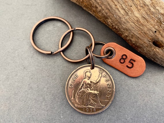 85th birthday gift, 1938 or 1939 big British penny Key  ring or clip, U.K. coin, a useful 85th birthday gift for someone that has everything