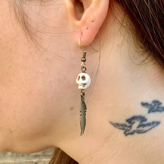 Long skull and feather earring, choose between a single earring or pair of earrings for men or women