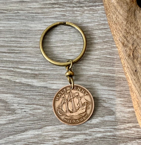 1956 British half penny coin keychain, English ship keyring, 68th birthday or retirement gift