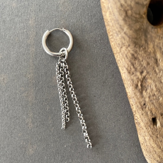 Thick hoop long chain earring, available as single earring or pair of earrings, stainless steel earrings