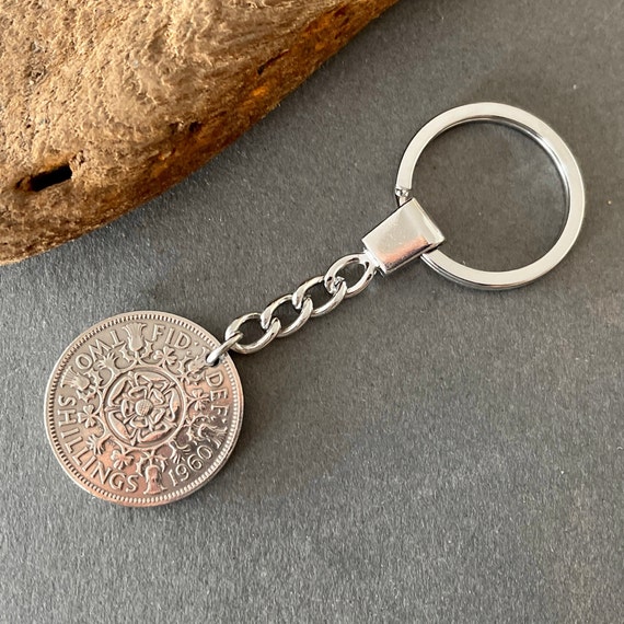 1960 British Florin keyring, two shilling key chain, perfect for a 64th birthday or anniversary gift