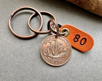 80th birthday gift, 1944 British half penny available as a key ring  or clip with a handmade number 80 leather tag, ship coin gift