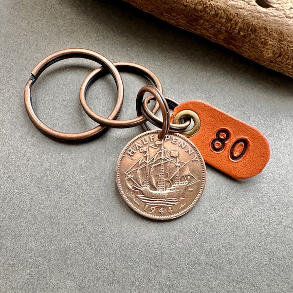 80th birthday gift, 1944 British half penny available as a key ring  or clip with a handmade number 80 leather tag, ship coin gift