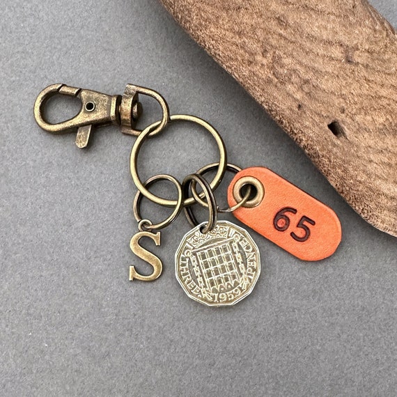 65th birthday gift, 1959 British threepence keychain, keyring or clip with a handmade leather 65 tag