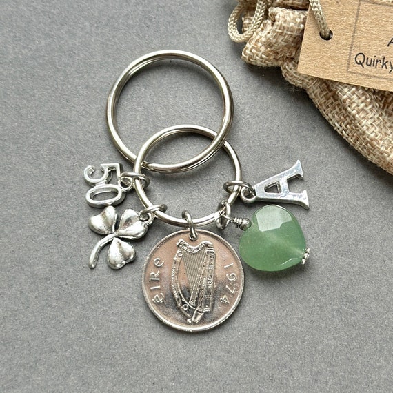 50th birthday gift, 1974 Irish five pence charm clip or key ring with a green aventurine heart shamrock charm personalised gift from Ireland