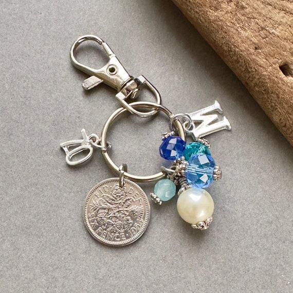 70th birthday gift, 1954 sixpence and blue beaded charm, personalised gift, choose initial