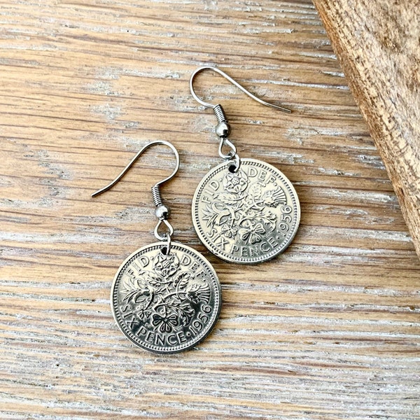 British sixpence earrings, pretty English coin Jewellery, choose between Sterling silver or stainless steel ear wires