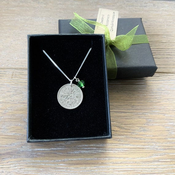 Sixpence birthstone necklace, sterling silver chain, choose coin year and charm colour