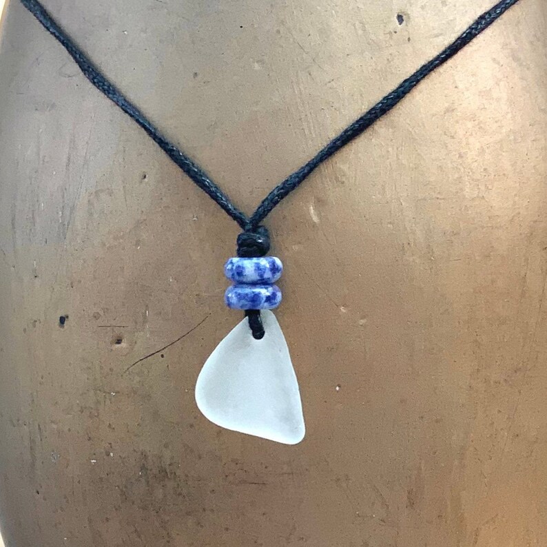 Natural sea glass pendant necklace, Cornish sea glass and blue calming gemstone necklace with a waxed cotton cord image 2