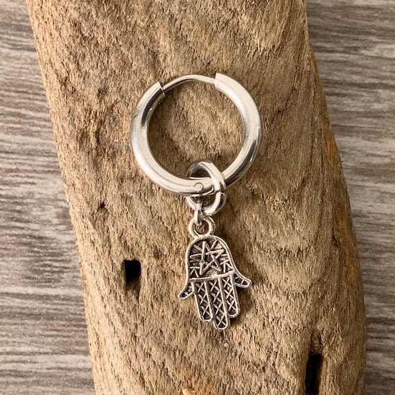 Hamsa hand hoop earring, available as a single earring or pair of earrings, stainless steel hoop