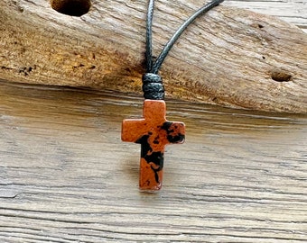 Mahogany obsidian adjustable Small Cross necklace on black Korean waxed Polyester cord, hippie pendant, gemstone cross