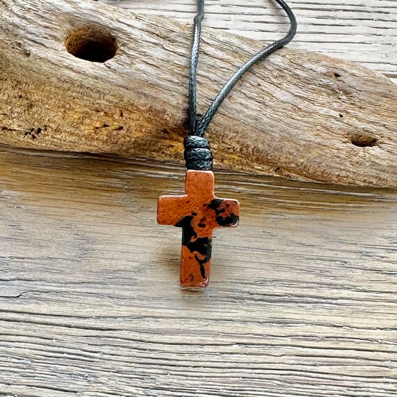 Mahogany obsidian adjustable Small Cross necklace on black Korean waxed Polyester cord, hippie pendant, gemstone cross