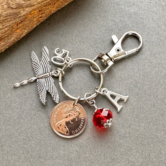 50th birthday gift, dragonfly charm, 1974 British lucky penny 1p Key ring clip, a perfect personalised 50th birthday gift, lucky charm