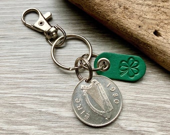 Ireland coin keychain, keyring or clip with a shamrock leather tag, choose coin year, birthday gift