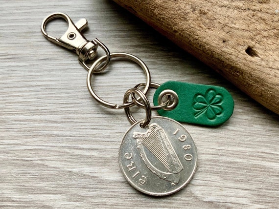 Ireland coin keychain, keyring or clip with a shamrock leather tag, choose coin year, birthday gift