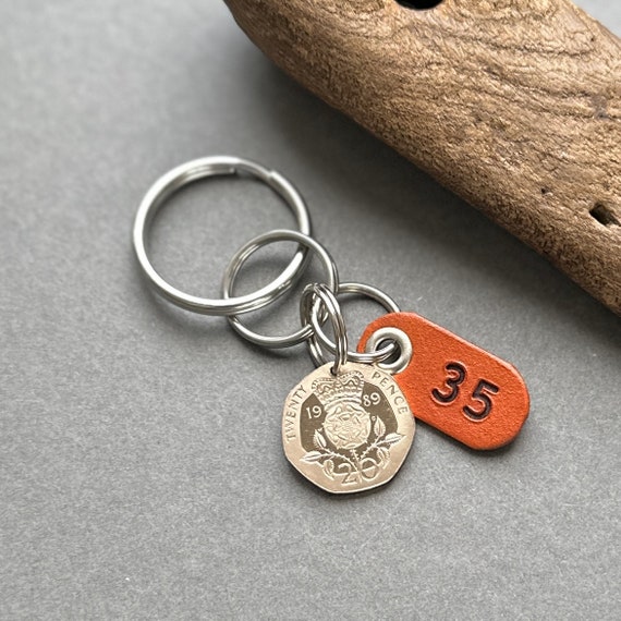 35th anniversary gift, 1989 British Twenty pence coin key ring or clip for a man or woman