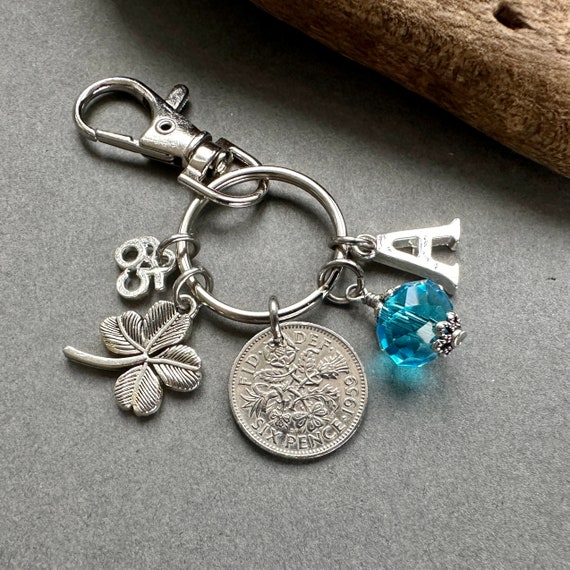 65th birthday gift, birthstone charm, 1959 sixpence bag clip, personalised gift choose initial and birthstone colour