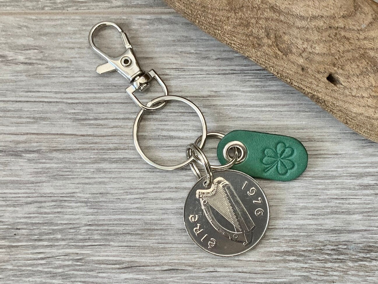 Irish coin and green shamrock key chain or clip, Celtic Ireland keyring