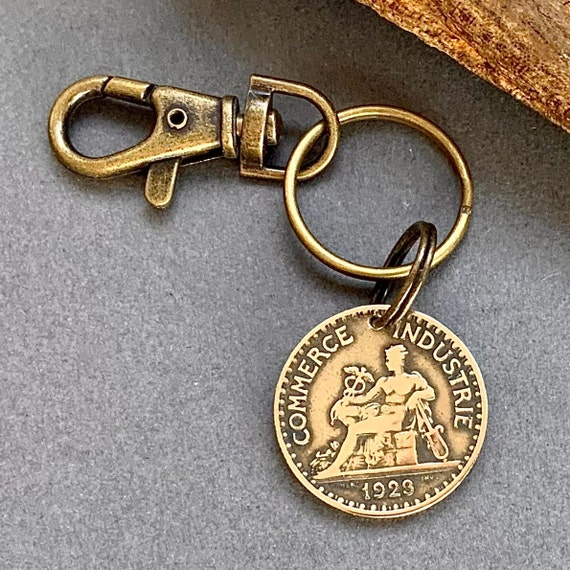 1923 French coin clip style key ring, 2 franc France, 101st birthday gift or historical present for a man or woman