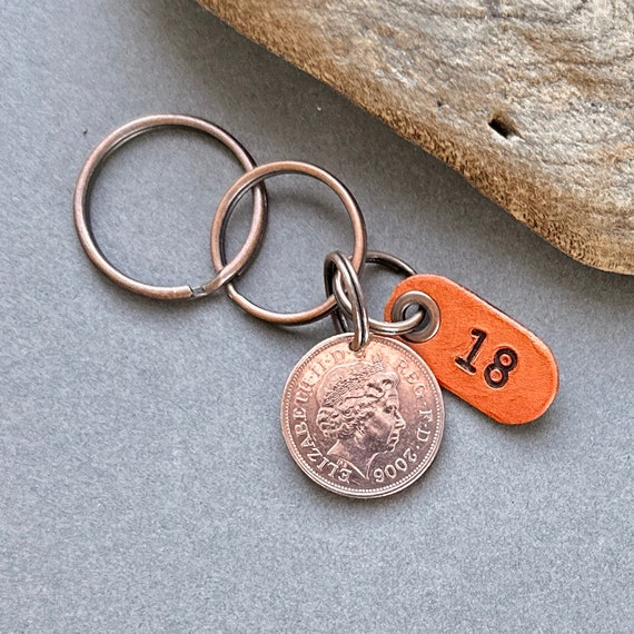 18th birthday or anniversary gift, a 2006  British two pence coin keyring, keychain, or clip