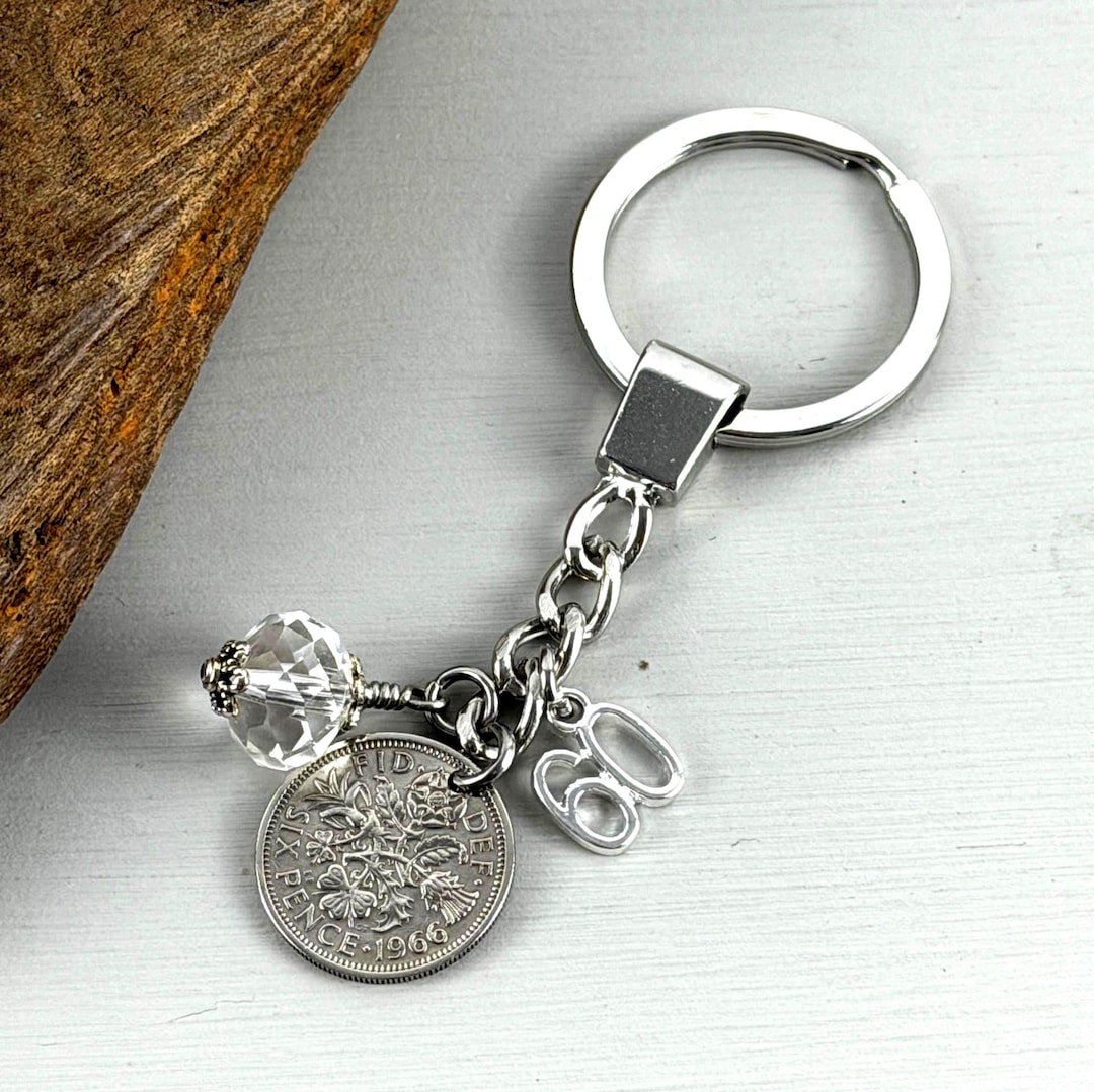 60th Diamond Anniversary Keyring: 1966 British Sixpence, Clear