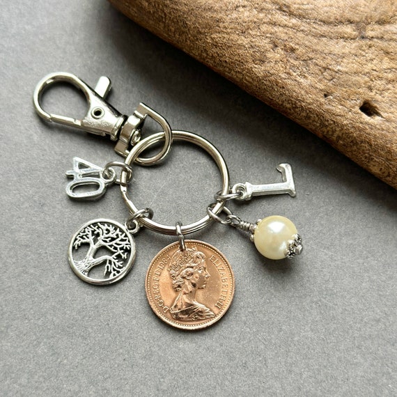 40th birthday gift, 1984 British penny bag clip charm, British lucky penny with a choice of initial and colour birthstone, birth year coin