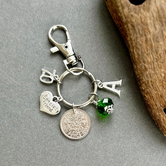 70th birthday gift for a special friend, a 1954 lucky sixpence charm bag clip, personalised gift, choose initial and birthstone colour