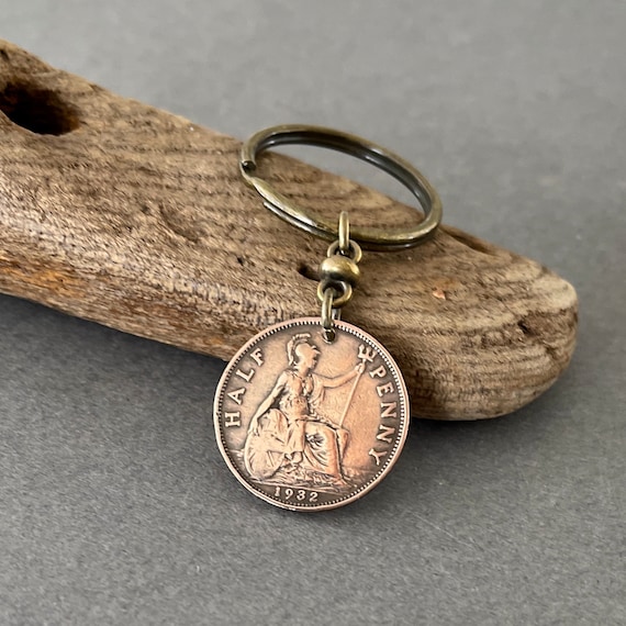 1932 British half penny coin keychain or clip, English keyring, Britannia, a great 90th birthday gift for a man or woman
