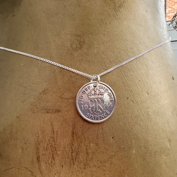 80th birthday gift, 1944 lucky sixpence pendant necklace, on a fine sterling silver curb chain