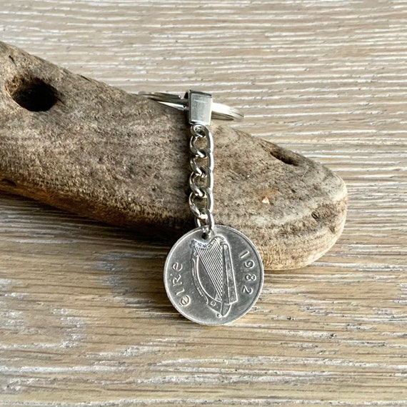 1982 Irish five pence coin keyring, Keychain or clip, a perfect gift for someone proud of their Irish heritage