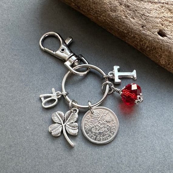 1954 lucky sixpence charm bag clip, personalised 70th birthday gift, choose initial and birthstone colour, nostalgic gift 70th in 2024