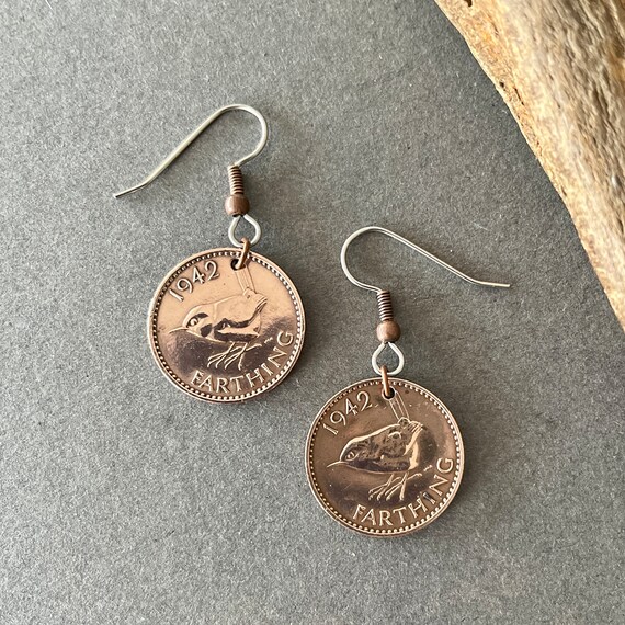 1942 Wren Farthing earrings, hand made with antique British pretty bird coins and stainless steel ear wires, 80th birthday gift