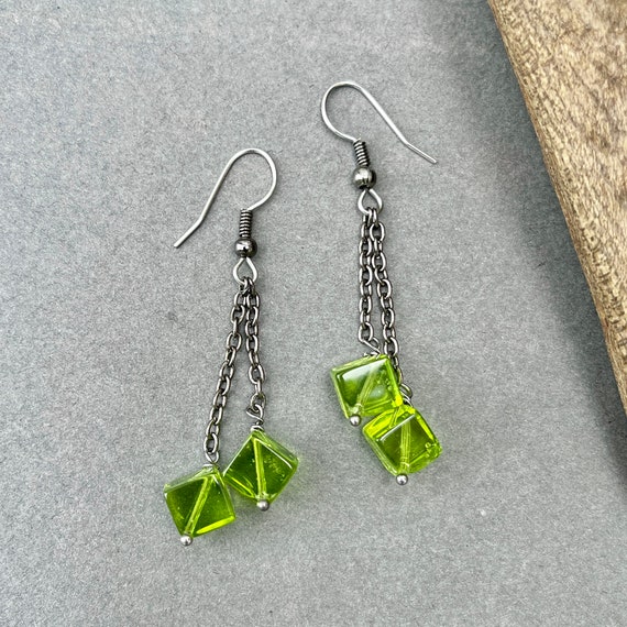 Lime green dangle earrings, glass cube and chain long earrings, unique unusual earrings, statement earrings