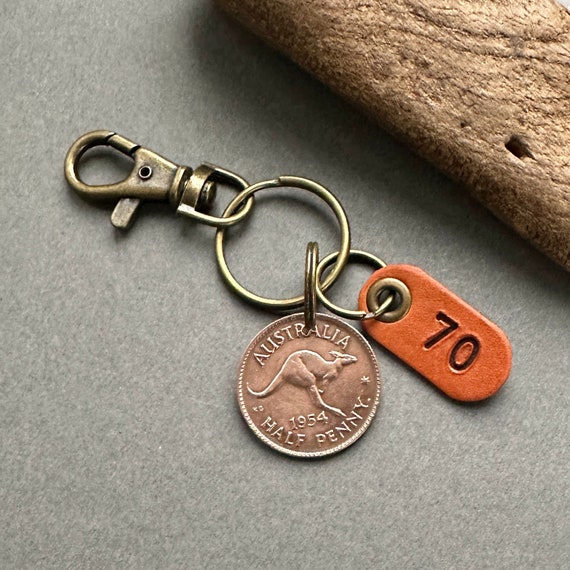 70th birthday gift, 1954 Australian half penny coin keychain, Australia kangaroo key ring, Aussie clip,