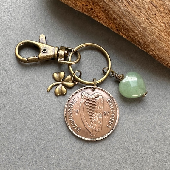 1937 Irish penny keychain, keyring, bag charm purse charm, 87th birthday gift, present for a man or woman, lucky penny, Ireland, Eire,