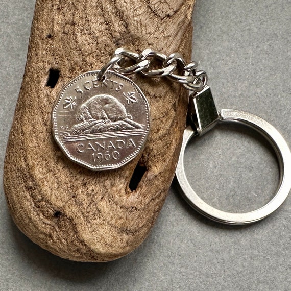 1960 Canadian coin key chain Canada 5 Cent key ring, beaver nickel, 64th birthday or anniversary gift,