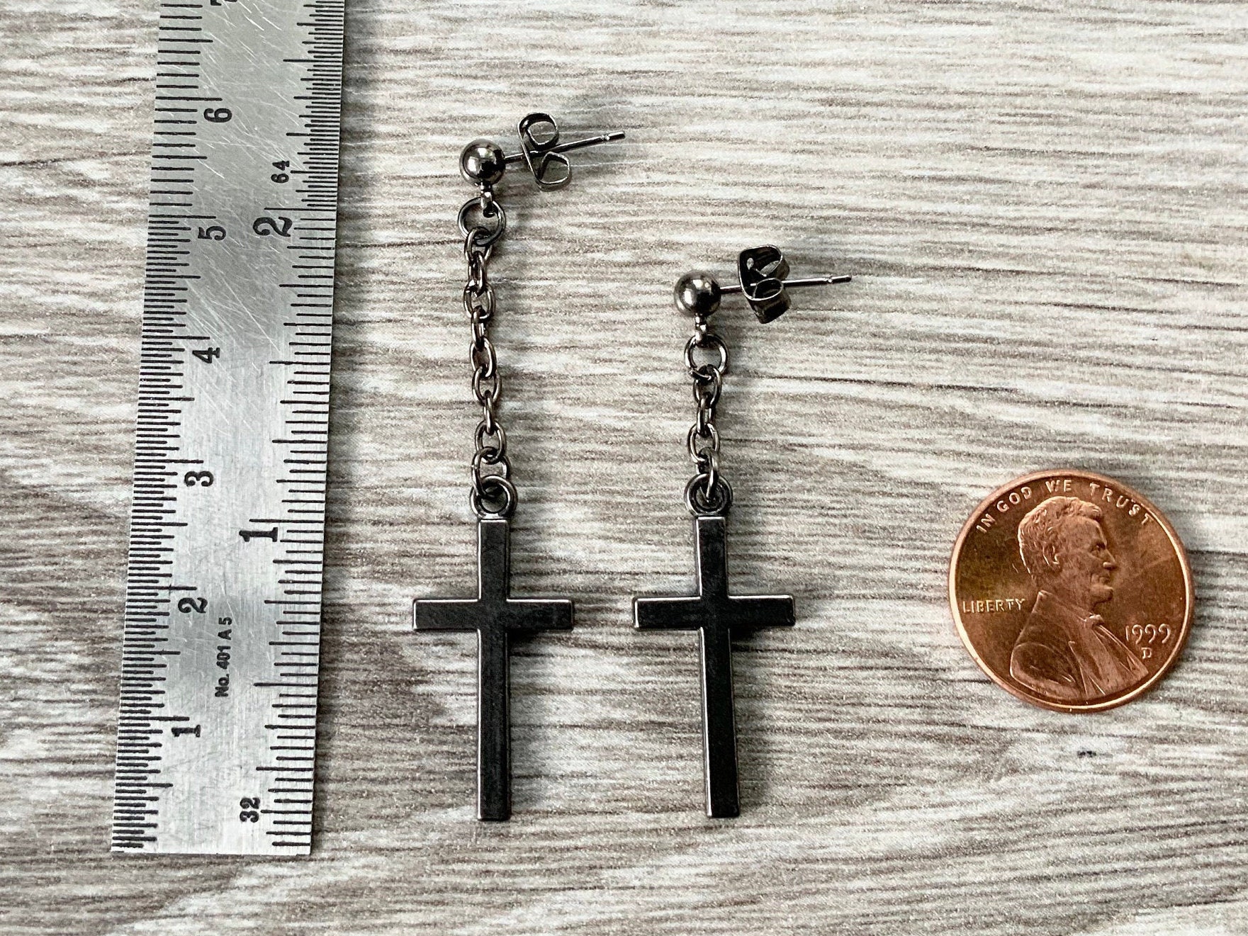 Asymmetric Cross earrings, Long dangle Mismatched gunmetal earrings