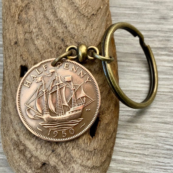 1950 English half penny, British ship coin keyring or clip, a perfect 74th birthday gift