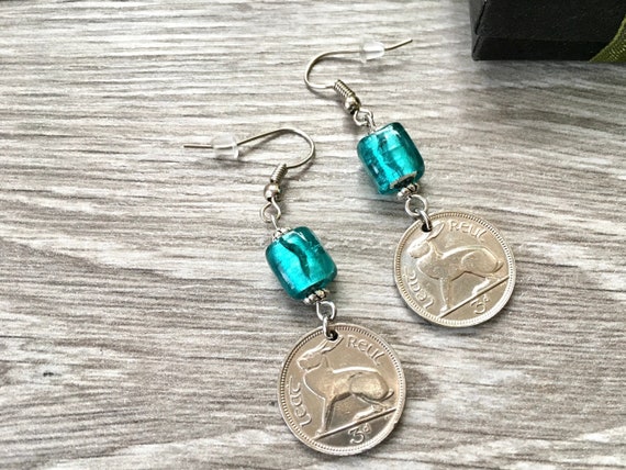 1968 Irish coin earrings, 54th birthday or anniversary gift for a woman, hare Rabbit long dangle earrings,